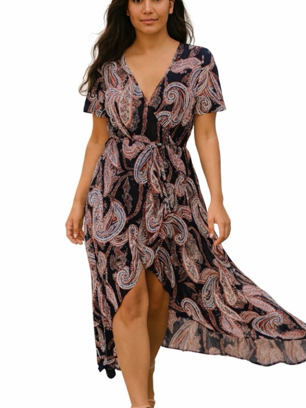 Elie McCarthy dress  Navy & brown paisley print faux wrap dress high low SZ M